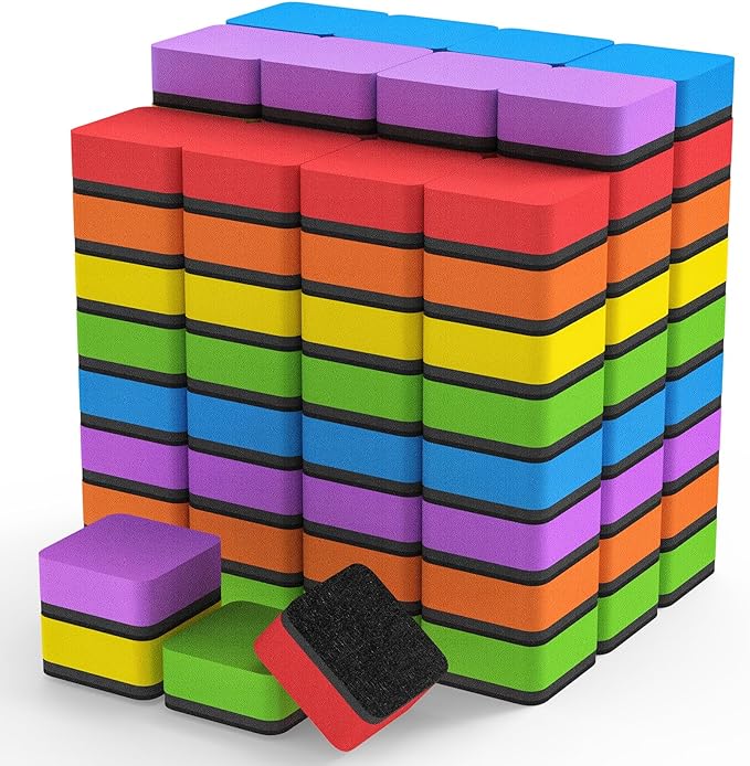 MaxGear 108 Pack Whiteboard Erasers, Magnetic Dry Erase Eraser, Mini Whiteboard Cleaning Pad for Classroom, Chalkboard Wiper Teacher Supplies for School, Office, Home, 6 Rainbow Color Set, 2 x 2 Inch