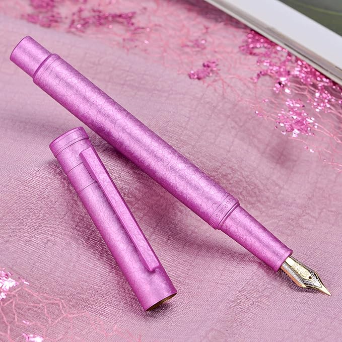 Hongdian 1851 Forest Fountain Pen Pink Ice Flowers, Medium Nib Classic Design with Converter and Metal Pen Case