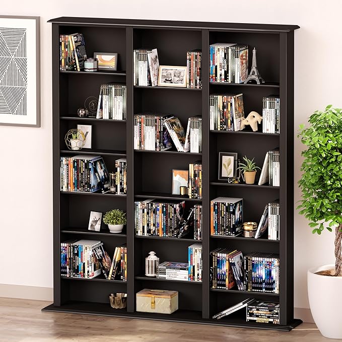 Prepac Barrister 3 Column Tall Storage Cabinet, Black Storage Cabinet with 27 Adjustable Shelves Display DVD for Living Room, 9.5" D x 57" W x 63.75" H
