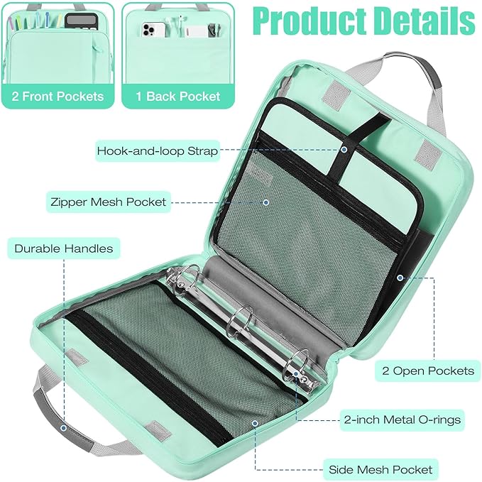 MoKo Zipper Binder, 2 Inch 3 Ring Binder with Zipper, 500 Sheet Capacity Zip Up Binders with Shoulder Strap Handle, Multi-Pocket Zip Up Binders for Middle School Student, Mint Green