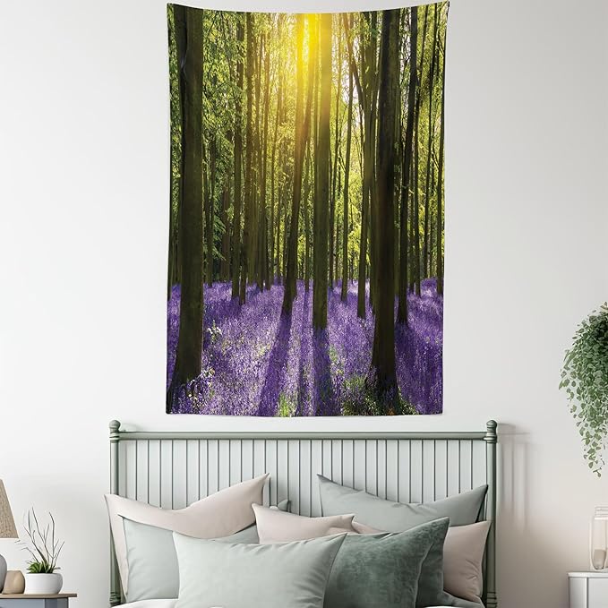 Ambesonne Woodland Tapestry Twin Size, Sunbeams in the Forest of Bluebells Blooms Deep in Woodland Oxfordshire, Wall Hanging Bedspread Bed Cover Wall Decor, 68" X 88", Violet Green Yellow