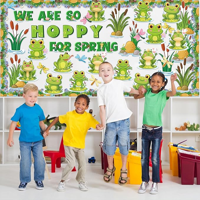 Pasimy 68 Pcs Frog Bulletin Board Set Spring Summer Classroom Decorations Green Jumping Frog Pond Grass Dragonfly Flower Lotus Paper Cutouts Jungle Bulletin Border Trims for Chalkboard School Wall