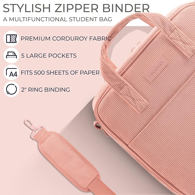 Sturdy 3-Ring Zipper Binder with Shoulder Strap for School – Beautiful 2-Inch Zip-Up Binder with Extra Pockets Holds 500 Sheets, Books & Laptop – Easy-to-Carry Trapper Keeper Made of Premium Fabric