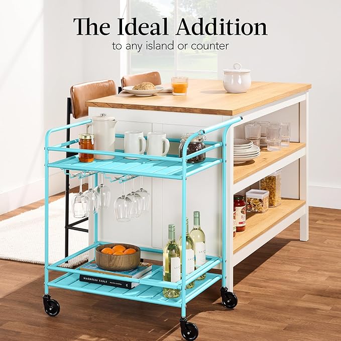 Best Choice Products Rolling Bar Cart, Mobile Home Bar Serving Cart, Serving Station w/ 2 Tier Shelves, Wine Rack, Lockable Wheels - Teal