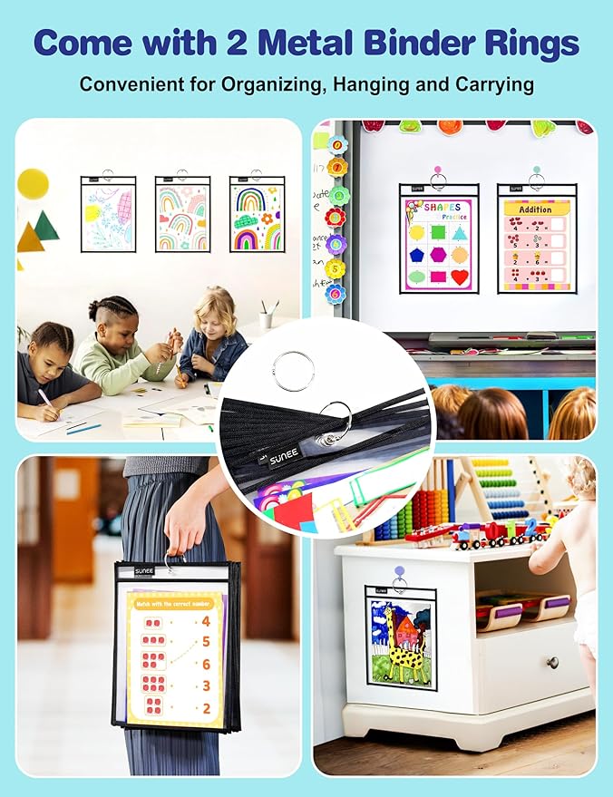 SUNEE 50 Packs Oversized Reusable Dry Erase Pocket Sleeves with 3 Rings, Black 10x14 Ticket Holders, Clear Plastic Sheet Protectors, Teacher School Classroom Supplies