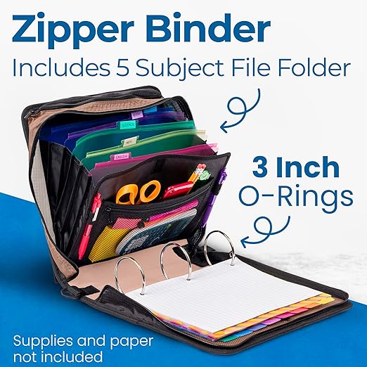 Case-it Mighty Zip Tab School Zipper Binder | 3-Inch O-Rings, 600-Sheet Capacity, 5-Subject Expanding File Folder, Multiple Pockets & Storage Organizer, Shoulder Strap | D-146 OG Camo