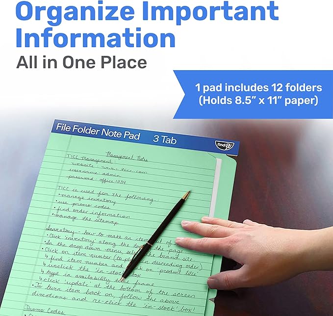 Find It File Folder Notepad - Pack of 12-9.5 x 12.5 Inch Notebook Organizer Folders for Filing, Document, and Clipboard Organization - Green