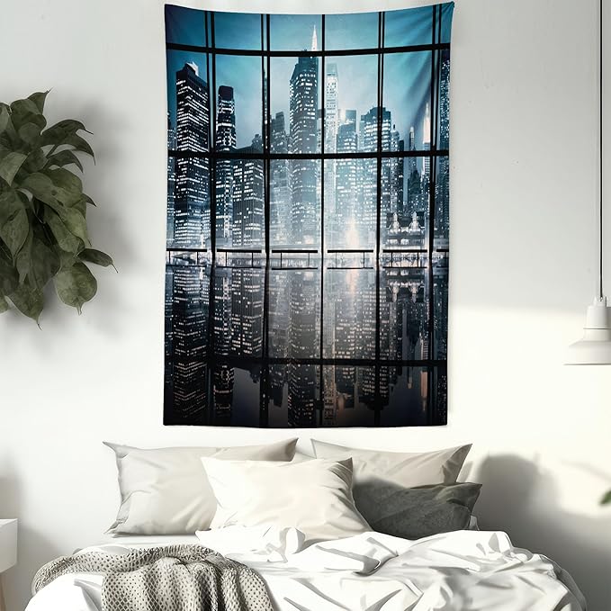 Ambesonne Modern Tapestry Queen Size, Modern New York City Scenery at Night with Skyscrapers Buildings Print, Wall Hanging Bedspread Bed Cover Wall Decor, 88" X 88", Black Blue