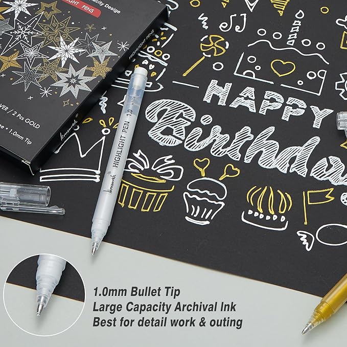 Gold Silver White Gel Pens, 1mm Fine Point Gel Ink Pen Opaque Archival Ink Pens for Black Paper Drawing, Sketching, Illustration, Card Making, Bullet Journaling, 8 Pack