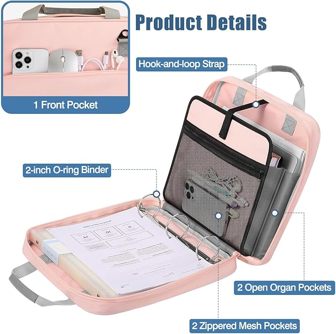 MoKo Zipper Binder, 2 Inch 3 Ring Binder with Zipper,500 Sheets Capacity Zipper Binders with Shoulder Strap & Handle,Multi-Pocket Zipper Bag Organizer for Middle School, Pink & Gray