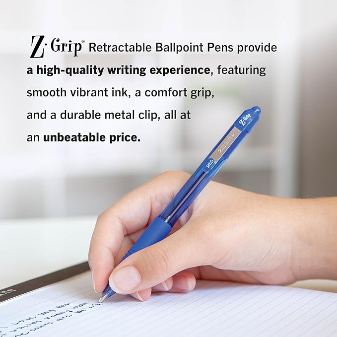 Zebra Pen Z-Grip Retractable Ballpoint Pen, Smooth-Flowing Blue Ink, 1.0mm Medium Point, School & Office Supplies, Ideal for Note-Taking, Journal and Planner Use, 24-Pack (12225)