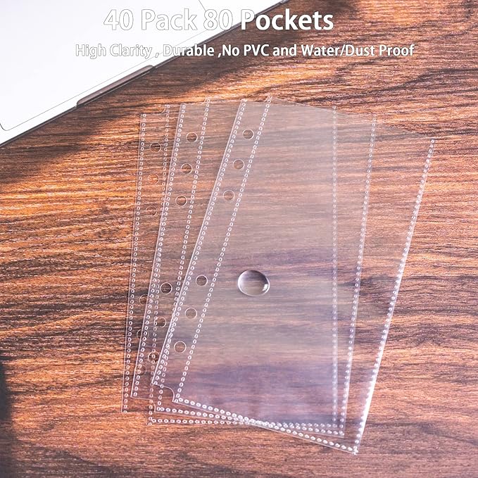 40 Pack 80 Pockets Budget Sheet Protector Sleeves for A6 6 Ring Binder, Ultra-Clear Cash Binder Sleeves, Double-Sided, Top Loading Sheet Protector for Budget Sheet, Currency Collection,3.5x5 Photos