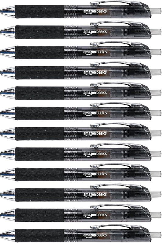 Amazon Basics Retractable Gel Pens, Fine Point 0.7mm, Smooth Writing, Black, No Smudge, School and Office Supplies, 12-Pack