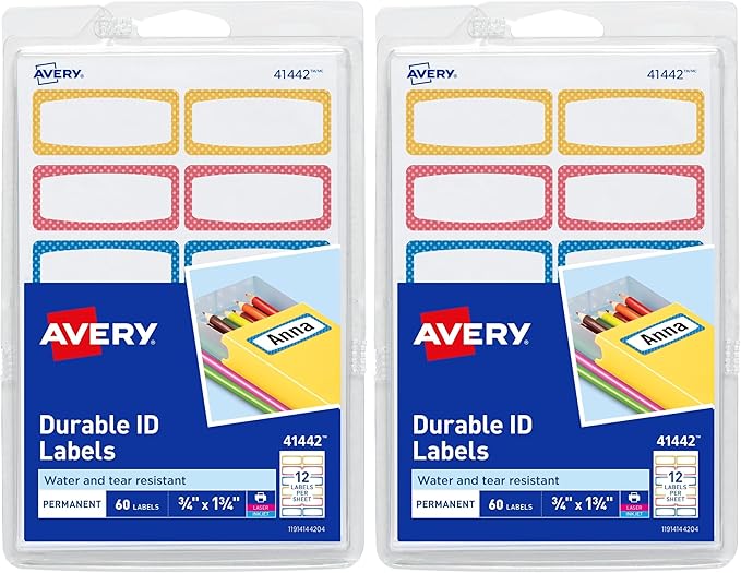 Avery Durable Labels for Kids' Gear,3/4" x 1-3/4",Assorted Border Colors,Water-Resistant Labels,60 Total (41442),(Pack of 2)