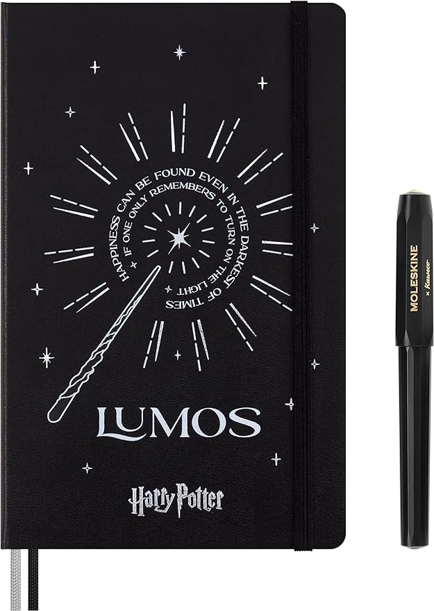 Moleskine Wizarding World Harry Potter Limited Edition Spells Collection, Lumos Themed Bundle Notebook and Kaweco Roller Pen, Hard Cover, Ruled, Large (5" x 8.25"), Black, 176 Pages
