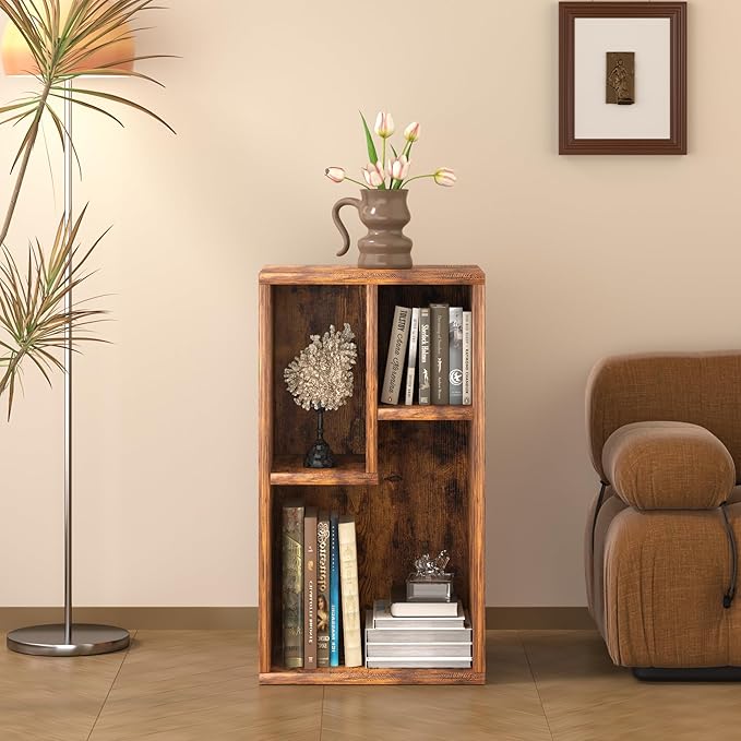 VECELO Small Bookshelf, 3 Cube Shelf, Fits Tallest Hardcovers, Horizontal Available, Modern Storage Organzier for Small Spaces,Brown
