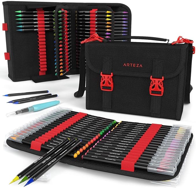 ARTEZA Real Brush Pens, 96 Watercolor Pens with 108-Slot Case, Drawing Markers with Flexible Brush Tips, Watercolor Markers for Artists