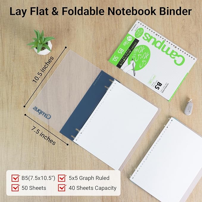 KOKUYO Campus 2x2 Spiral Binder Notebook Set, B5 Refillable Notebook + 50 Refill Papers with 5x5 Graph Ruled, 40 Sheet Capacity, Navy, Perfect for Work, Study & Journal, Japan Import