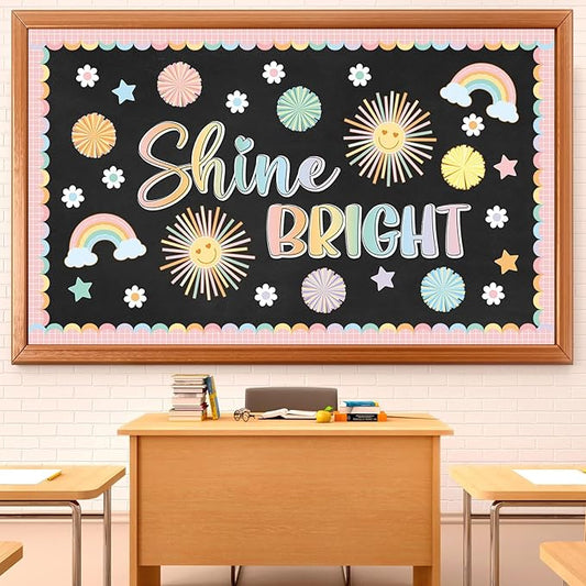 Boho Shine Bright Bulletin Board Set Summer Pastel Sun Classroom Decorations Colorful Rainbow Flowers Paper Cutouts for Teacher Supplies Back to School Nursery Chalkboard Home Office Wall Door Decor