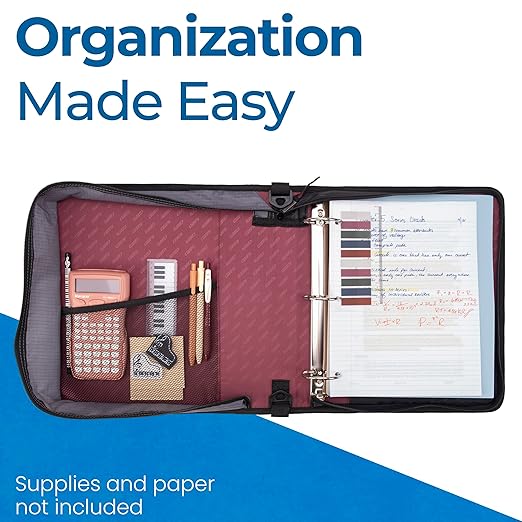 Case-it Classic Zipper Binder | 2-Inch O-Rings, 350 Sheet Capacity, Multiple Storage Pockets & Shoulder Strap | School & Office Organizer | D-251 Burgundy