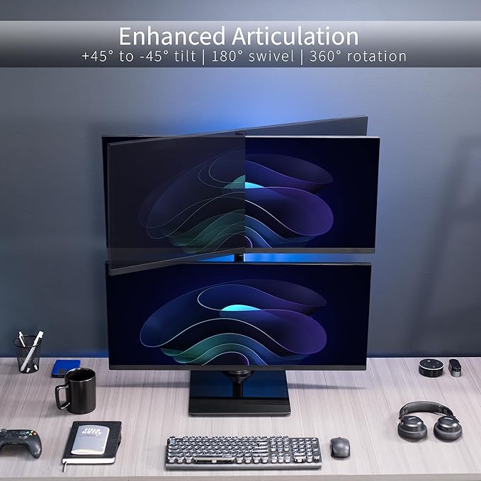 VIVO Dual Monitor Desk Stand with Tempered Glass Base, Free-Standing LCD Mount, Holds in Stacked Vertical Position 2 Ultrawide Screens up to 34 inches, Black, STAND-V002LG