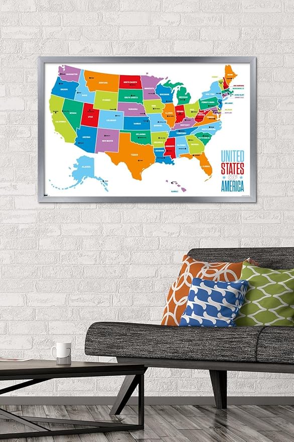 Trends International Map - United States Of America 2022 Wall Poster, 22.375" x 34", Silver Framed Version