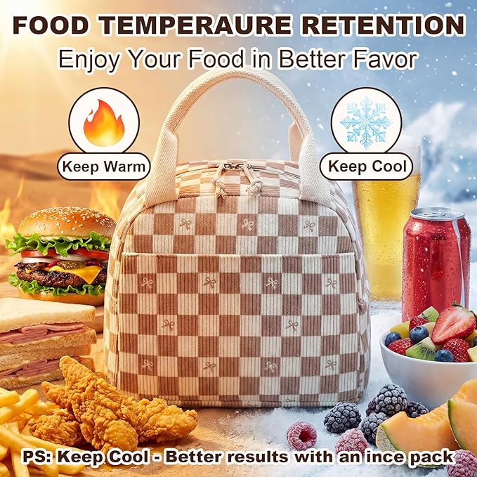 LEDAOU Lunch Box for Women Insulated Lunch Bag Corduroy Lunch Tote Bags Leakproof Cooler Lunch Case for Travel Work Picnic (rown Checkered Bow)