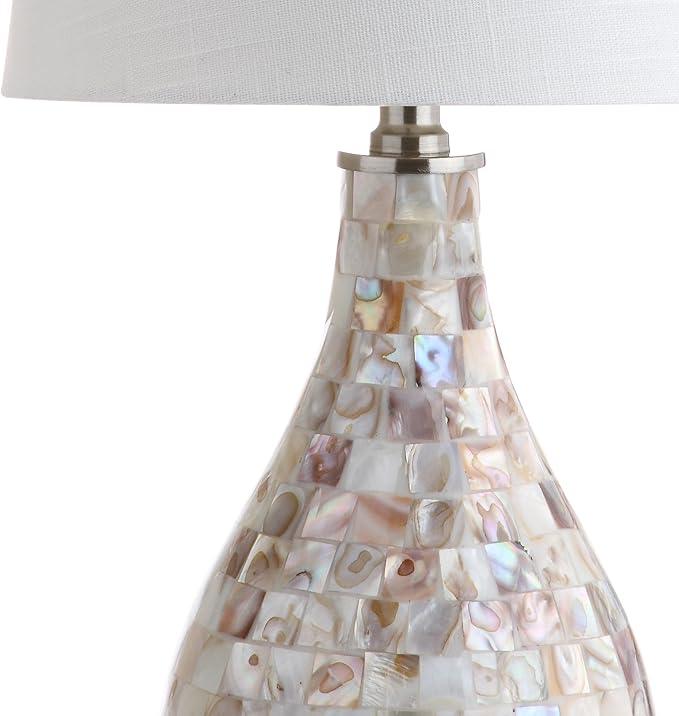 JONATHAN Y 20.5" Seashell Coastal Mini LED Table Lamp for Living Room Office, White Linen Drum Shade, Modern Mother of Pearl Bedside Nightstand Lamp, LED Bulb Included JYL1024A