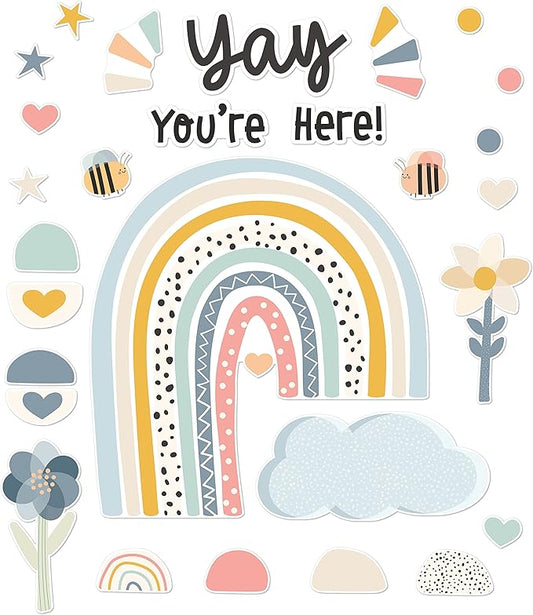 Carson Dellosa We Belong 76PC Bulletin Board Boho Set, Header with Rainbow, Flower, and Heart Accents for Back to School Decorations, Chalkboard, Teacher Supplies and Classroom Decor