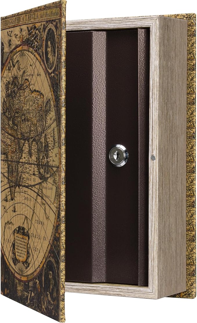 Barska Antique Map Book Safe with Key Lock – Hidden Diversion Lock Box with Magnetic Closure – Concealed Steel Compartment for Cash, Jewelry, and Valuables – Home or Office Security