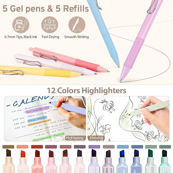 62PCS Aesthetic Stationery Set with Pencil Case, No Bleed Highlighters, Gel & Erasable Pens, Mechanical Pencils, Refills, Cute Supplies for Note Taking, Journaling & Bible Study, Pink