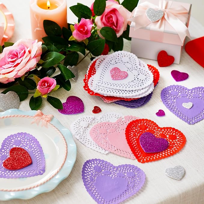 JOYIN Valentine Day 248 Pcs Heart Doilies Craft Gift Set with 200 Packs Heart Paper Doilies 48 Pcs Foam Crafts and 4 Bags of Glitter Foam Stickers for Valentine's Day Party Tableware Decoration