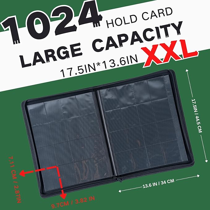Extra Large 1000+ Pockets Trading Card Binder, 16-Pocket Card Ablum Compatible with MTG,Sports Cards & Other Standard Size Trading Cards (Green)
