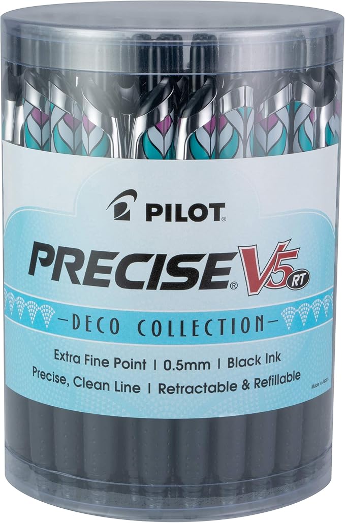 Pilot Precise V5 RT Refillable & Retractable Rollerball Pens, Extra Fine Point Pens 0.5 mm, Black, Tub of 48 - Ideal for School, Journaling & Office Writing