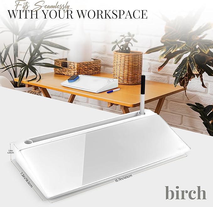 Birch Small Desktop Whiteboard – Glass Dry Erase Board Desk Pad Keyboard Stand with Storage Compartment 3 Markers & Marker Holder – Perfect for Office, Home, & School (Cloud)