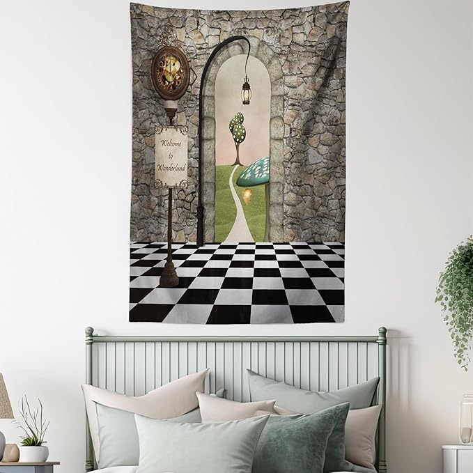 Ambesonne Alice in Wonderland Tapestry, Welcome Wonderland Black and White Floor Landscape Mushroom Lantern, Wall Hanging for Bedroom Living Room Dorm, 60" X 80", Stone Black