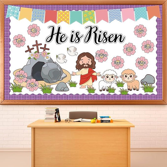 Easter He is Risen Bulletin Board Set Christian Classroom Decorations Easter Religious Jesus Cross Cutouts Flower Name Tags Purple Plaid Bulletin Board Borders for Church Sunday School Wall Door Decor