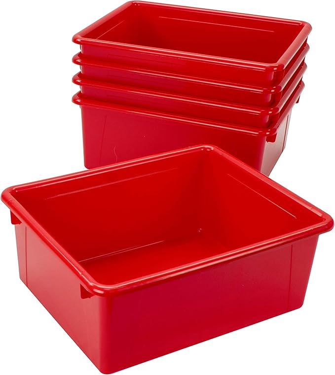 Storex Letter Size Deep Storage Tray – Organizer Bin with Non-Snap Lid for Classroom, Office and Home, Red, 5-Pack (62545A05C)