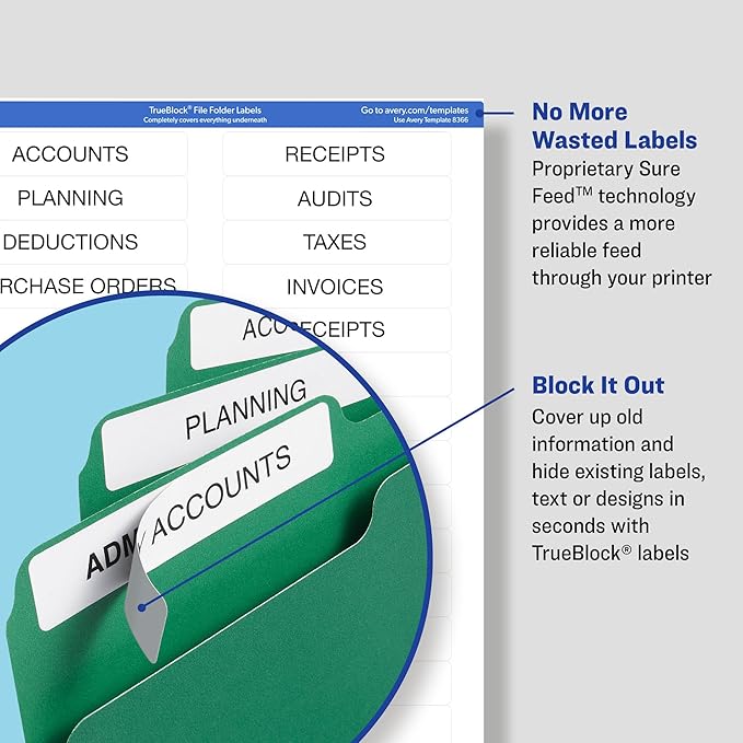 Avery File Folder Labels with TrueBlock Technology, Permanent Adhesive, 2/3" x 3-7/16", Laser/Inkjet, 4-Pack, 150 Labels Total (08593)