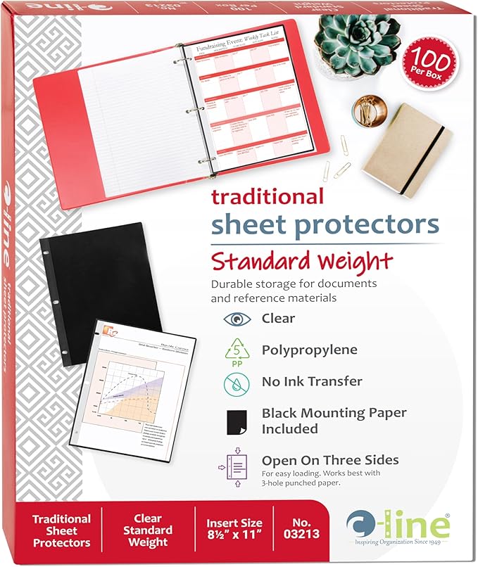 C-Line Traditional Standard Weight Poly Sheet Protectors, Clear, 8.5 x 11 Inches, 100 per Box (03213)