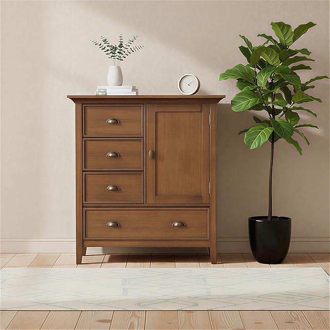 SIMPLIHOME Redmond SOLID WOOD 39 inch Wide Transitional Medium Storage Cabinet in Rustic Natural Aged Brown with 3 Small Drawers, 1 Large Drawer