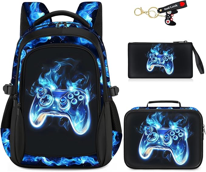 School Backpacks for Boys - 4pcs Gamer Boys Backpacks with Lunch Box Set for Kids Teens Elementary Middle School, 17″ Large Capacity Students Bookbag, Perfect for Travel