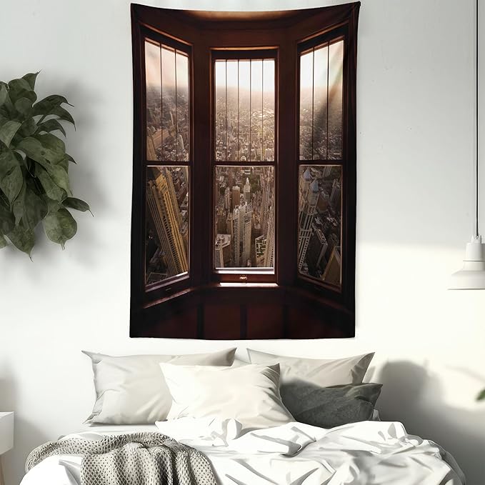 Ambesonne Aerial Tapestry Twin Size, Urban View from The Window View City Dusk Building North American Town Scene, Wall Hanging Bedspread Bed Cover Wall Decor, Twin Size, Brown and Taupe