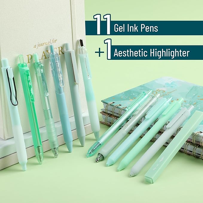 Mr. Pen- Gel Pen Set, 12 Pack, Pastel Green Barrels, 1 x Aesthetic Highlighter, 0.5mm Green Pens Black Ink