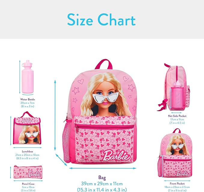 Barbie Backpack 4 Piece Set | Girls School Bag Set | Girls Backpack Lunch Bag Water Bottle and Pencil Case | One Size Pink