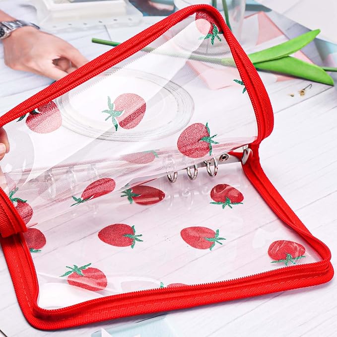 AxeWoodz Red A5 Zipper Binder Clear Refillable Notebook Shell Cute Strawberry Lace Cover 6 Ring PVC Binder Cover for Photocard Planner Journal Photo Album