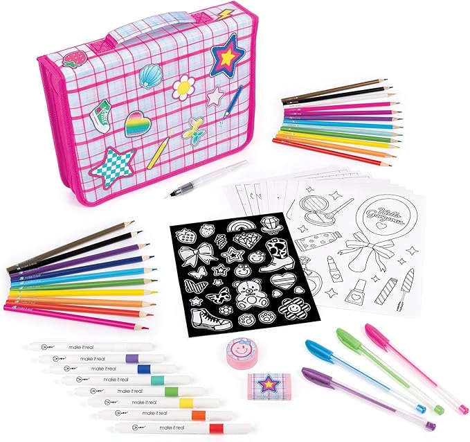Make It Real: Creative Artist Suitcase Art Set - 50pc Zipper Binder Case, Gel Pens-Color Pencils-Acrylic Markers-Stickers, Crafts Tweens-Girls-Kids 6+