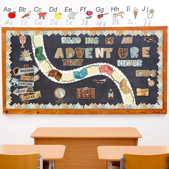 Honoson 48 Pcs Travel Bulletin Board Set Classroom Decorations Reading is an Adventure Bulletin Board Motivational Paper Cutout for Back to School Library Chalkboard Wall Decor(Travel)