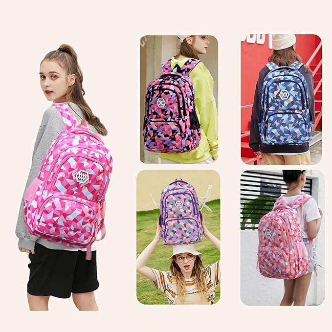 3Pcs Geometric Print Kids Backpack Set for Girls with Lunchbag, Purple Girls Backpack Elementary Middle School Bag Bookbag