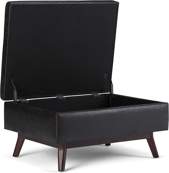 SIMPLIHOME Owen Coffee Table Storage Ottoman - 34 inch Wide Upholstered Vegan Leather Rectangular Lift-Top Ottoman in Distressed Black, Mid-Century Modern Bench for Living Room with Tapered Legs